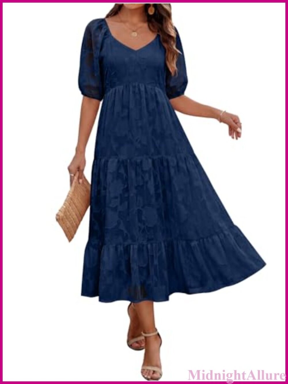 Floral Maxi Wedding Guest Dress Puff Sleeve V-Neck A-Line Pockets Women's